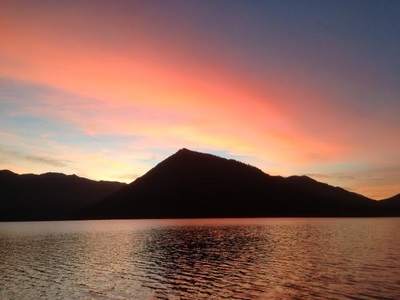Sunset at Lake Crescent Cabin - lodging available year round